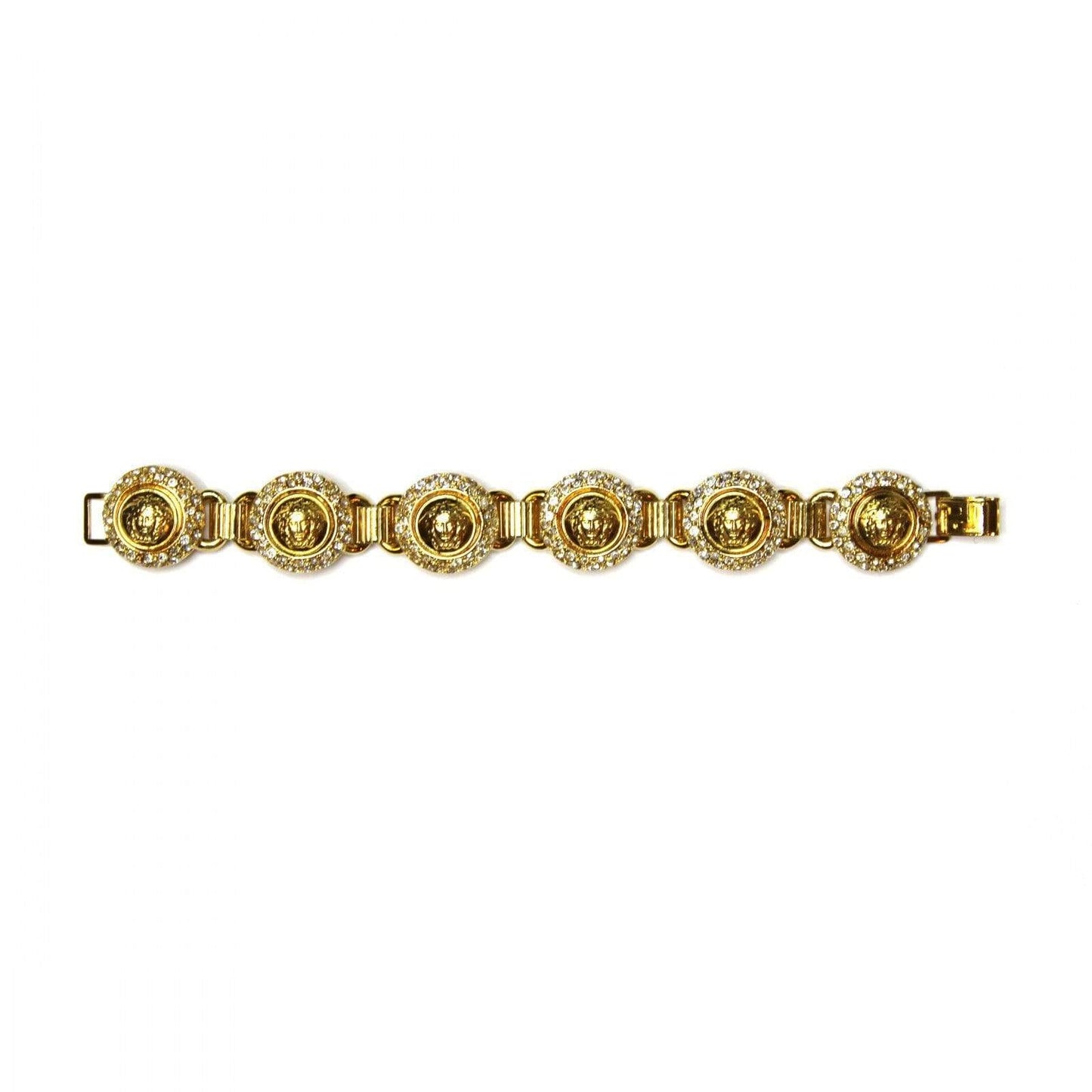 Vintage Gold Gianni Versace Medusa Head Coin Bracelet with Crystal Accents RSTKD Vintage