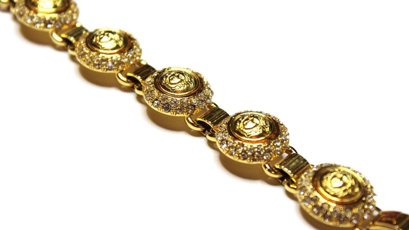 Vintage Gold Gianni Versace Medusa Head Coin Bracelet with Crystal Accents RSTKD Vintage