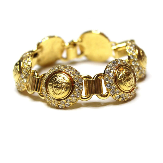 Vintage Gold Gianni Versace Medusa Head Coin Bracelet with Crystal Accents RSTKD Vintage